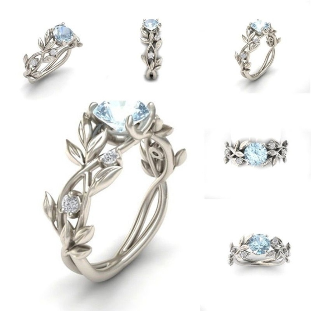 Aquamarine Floral Leaf Vine White Gold Filled Ring